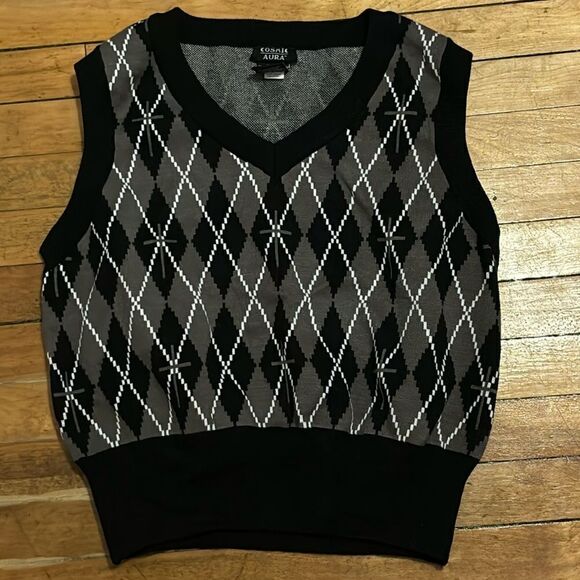 Cosmic Aura Girl’s Black and Grey Argyle Crop Sweater Vest Size 2 - Picture 1 of 8